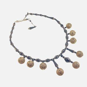 Czech Glass Bead and Sterling Silver Black Necklace Marcasite Mid Century